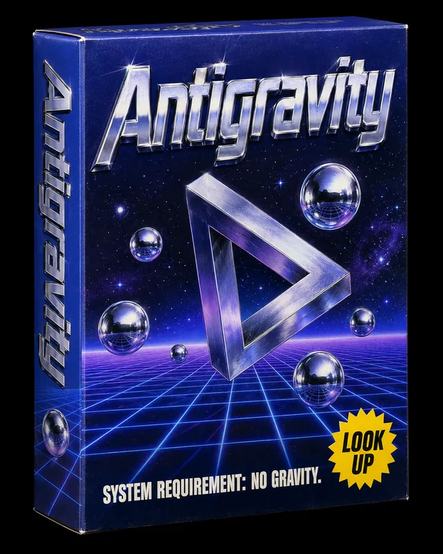 Blue and violet software box with a floating chrome triangle and metallic spheres.