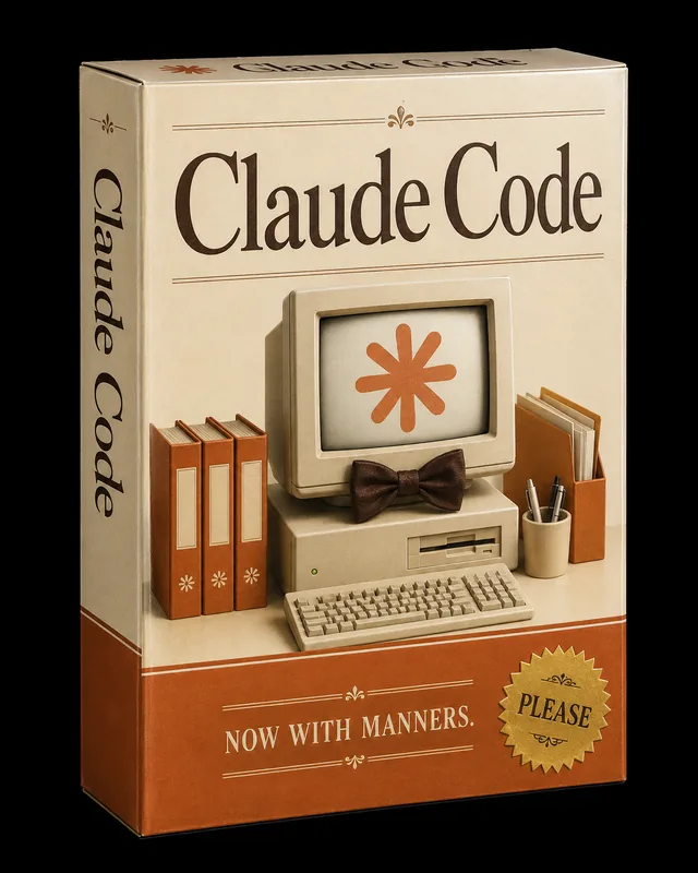 Cream and orange software box with a bow-tied desktop computer and a gold PLEASE sticker.