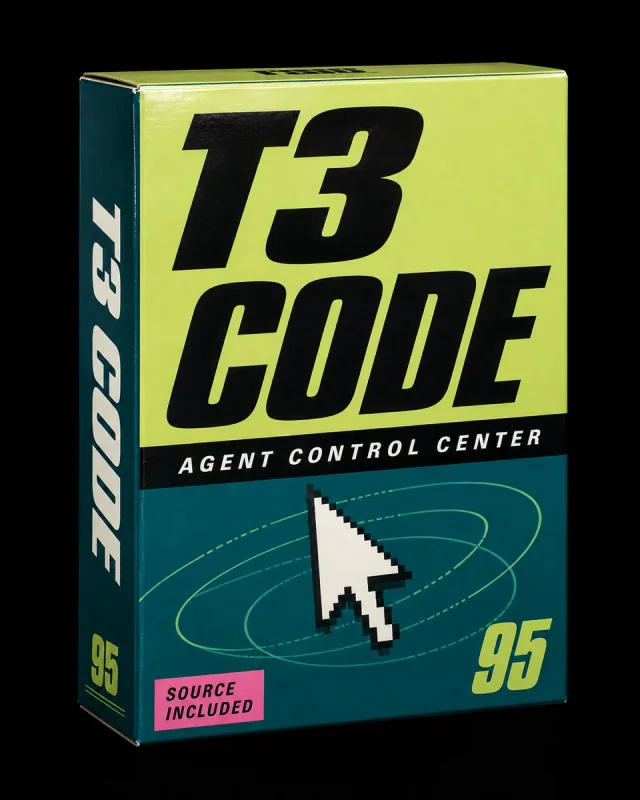 T3 Code in a lime and teal software box.