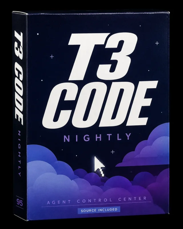 T3 Code Nightly in a navy box with violet clouds.