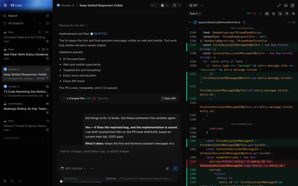 T3 Code desktop interface showing project threads, an agent conversation, and a pull request code diff.